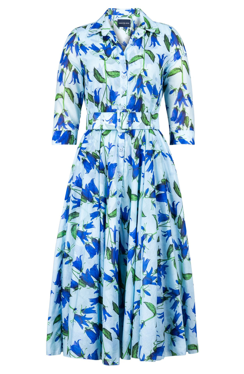 Avenue Dress Shirt Collar 3/4 Sleeve Midi Length Cotton Musola (Blue Bell Flower Pastel)