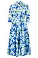Avenue Dress Shirt Collar 3/4 Sleeve Midi Length Cotton Musola (Blue Bell Flower Pastel)