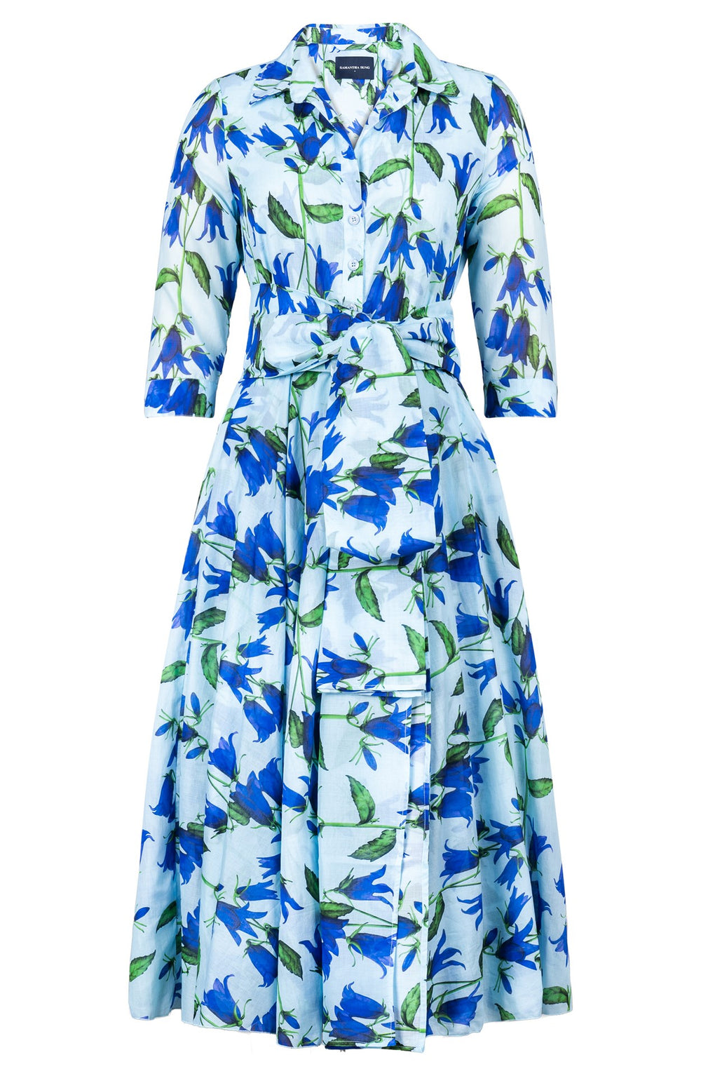 Avenue Dress Shirt Collar 3/4 Sleeve Midi Length Cotton Musola (Blue Bell Flower Pastel)