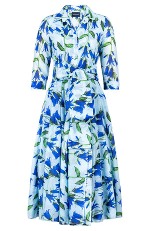 Avenue Dress Shirt Collar 3/4 Sleeve Midi Length Cotton Musola (Blue Bell Flower Pastel)