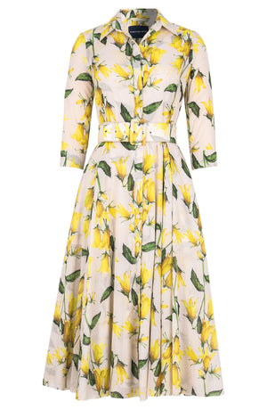 Aster Dress Shirt Collar 3/4 Sleeve Midi Length Cotton Musola (Blue Bell Flower Pastel)