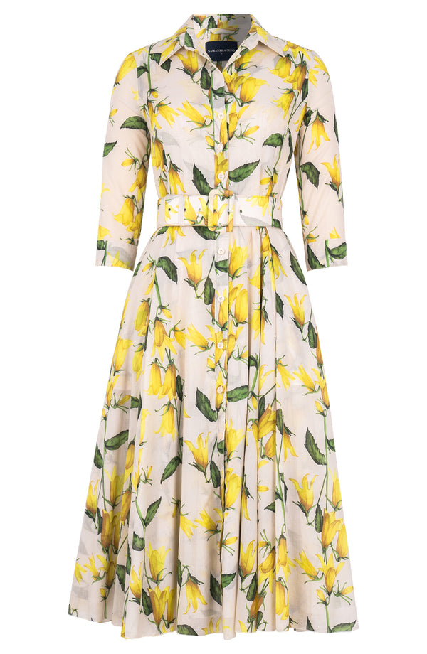 Aster Dress Shirt Collar 3/4 Sleeve Midi Length Cotton Musola (Blue Bell Flower Pastel)