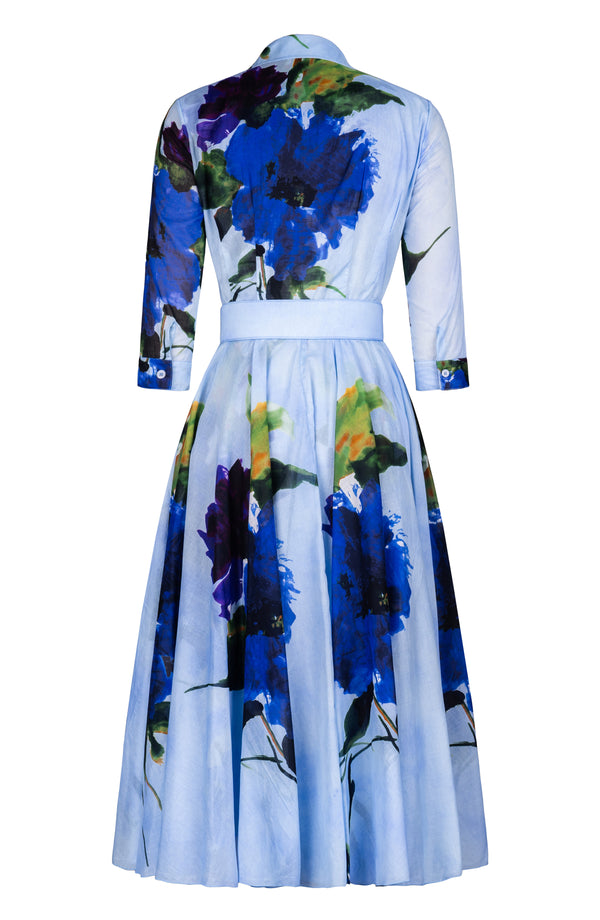 Aster Dress Shirt Collar 3/4 Sleeve Midi Length Cotton Musola (Blue Camellia)
