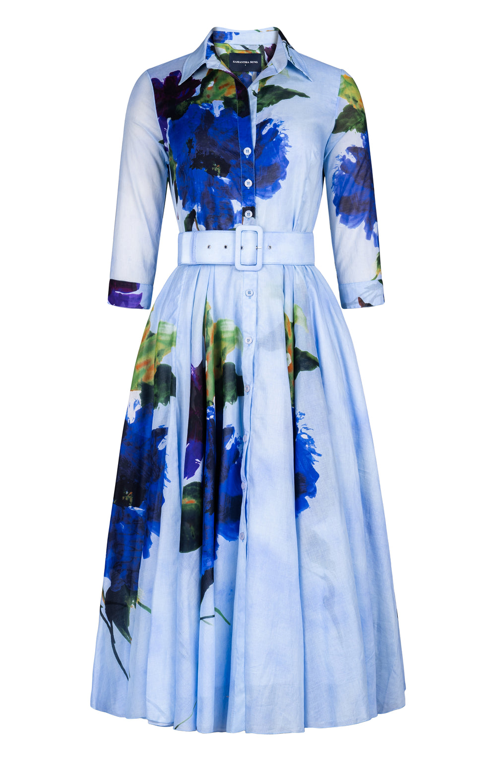 Aster Dress Shirt Collar 3/4 Sleeve Midi Length Cotton Musola (Blue Camellia)