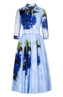 Aster Dress Shirt Collar 3/4 Sleeve Midi Length Cotton Musola (Blue Camellia)