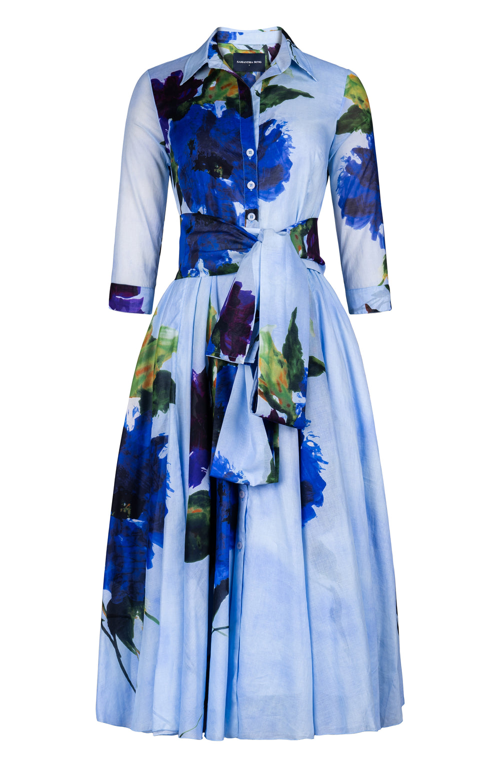 Aster Dress Shirt Collar 3/4 Sleeve Midi Length Cotton Musola (Blue Camellia)