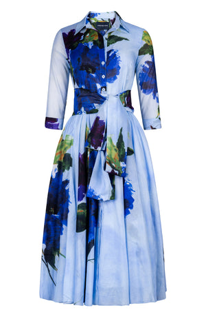 Aster Dress Shirt Collar 3/4 Sleeve Midi Length Cotton Musola (Blue Camellia)