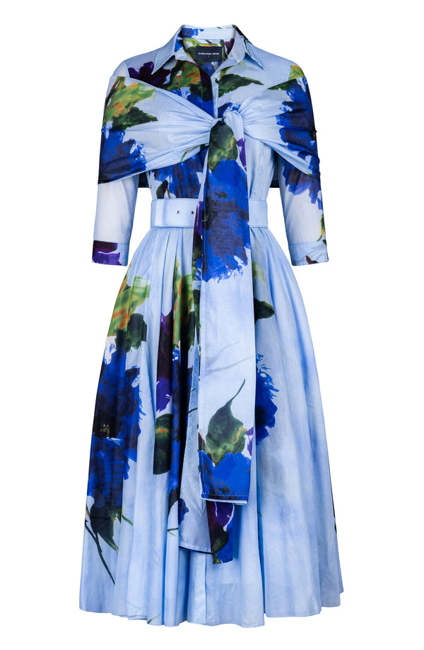 Aster Dress Shirt Collar 3/4 Sleeve Midi Length Cotton Musola (Blue Camellia)