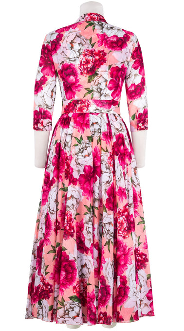 Aster Dress Shirt Collar 3/4 Sleeve Midi Length Cotton Musola (Blue Peony Pastel)