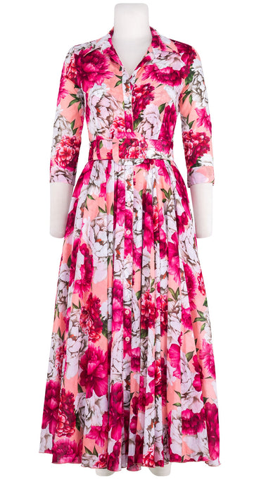 Aster Dress Shirt Collar 3/4 Sleeve Midi Length Cotton Musola (Blue Peony Pastel)