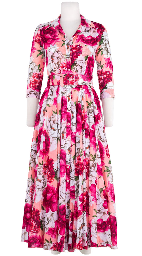Aster Dress Shirt Collar 3/4 Sleeve Midi Length Cotton Musola (Blue Peony Pastel)
