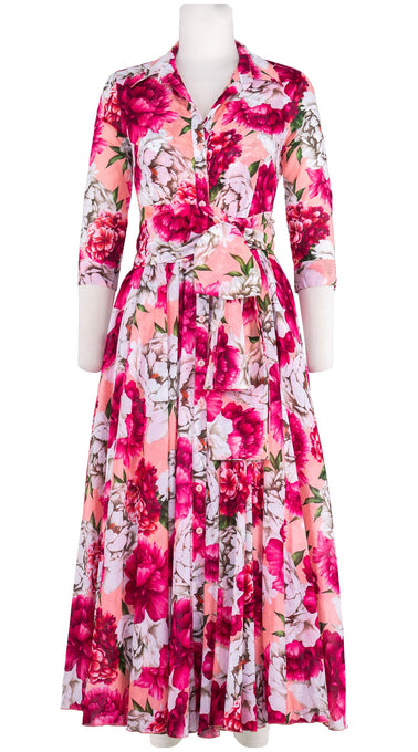 Aster Dress Shirt Collar 3/4 Sleeve Midi Length Cotton Musola (Blue Peony Pastel)