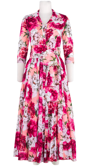 Aster Dress Shirt Collar 3/4 Sleeve Midi Length Cotton Musola (Blue Peony Pastel)