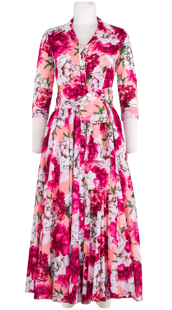 Aster Dress Shirt Collar 3/4 Sleeve Midi Length Cotton Musola (Blue Peony Pastel)