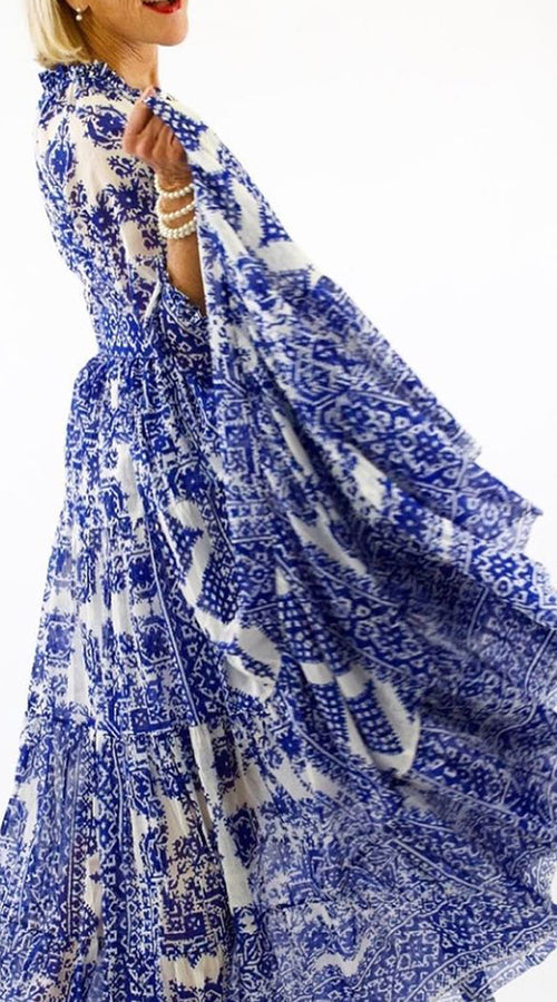 Eden Dress Crew Neck 3/4 Sleeve with Hamilton Belt Maxi Length Cotton Musola (Morrocan Embroidery)