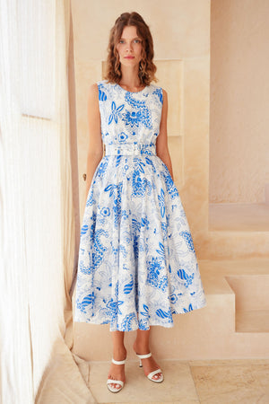 Abelia Dress Crew Neck Sleeveless Midi Length Poliamide Taffta (Botanic Antique Big White)