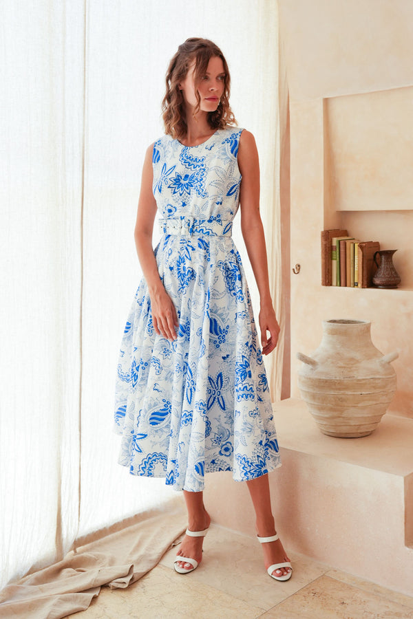 Abelia Dress Crew Neck Sleeveless Midi Length Poliamide Taffta (Botanic Antique Big White)