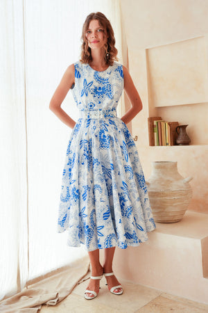 Abelia Dress Crew Neck Sleeveless Midi Length Poliamide Taffta (Botanic Antique Big White)