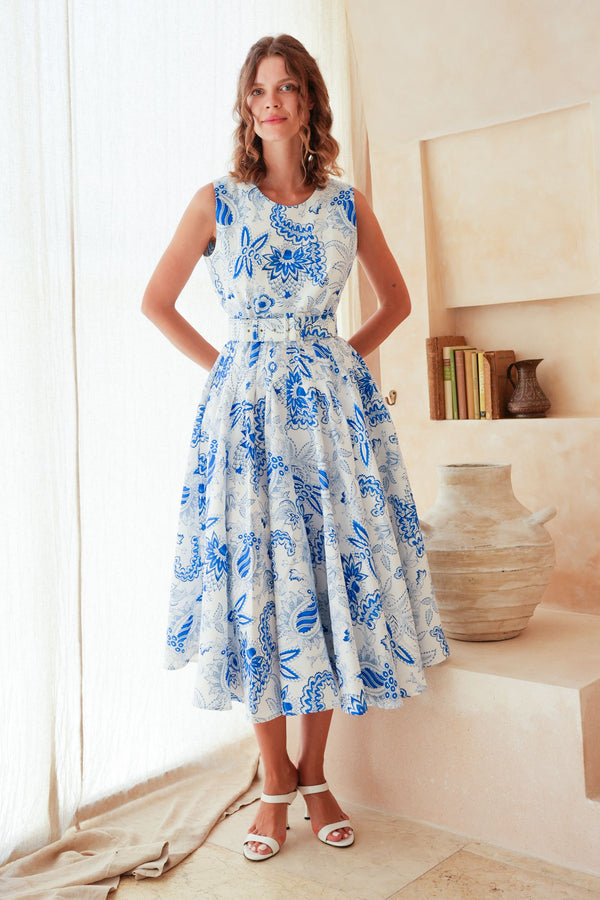 Abelia Dress Crew Neck Sleeveless Midi Length Poliamide Taffta (Botanic Antique Big White)