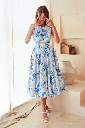 Abelia Dress Crew Neck Sleeveless Midi Length Poliamide Taffta (Botanic Antique Big White)