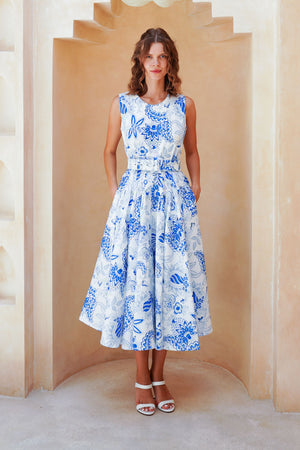 Abelia Dress Crew Neck Sleeveless Midi Length Poliamide Taffta (Botanic Antique Big White)