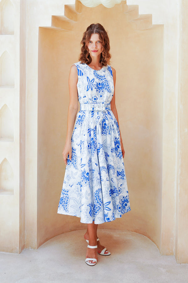 Abelia Dress Crew Neck Sleeveless Midi Length Poliamide Taffta (Botanic Antique Big White)