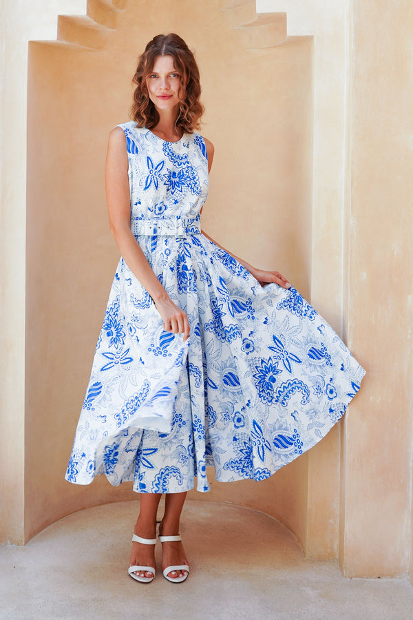 Abelia Dress Crew Neck Sleeveless Midi Length Poliamide Taffta (Botanic Antique Big White)