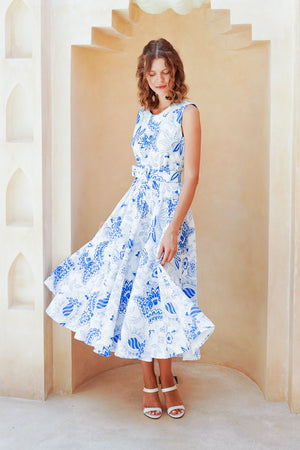 Abelia Dress Crew Neck Sleeveless Midi Length Poliamide Taffta (Botanic Antique Big White)