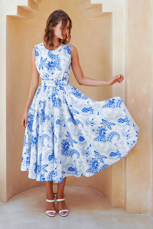 Abelia Dress Crew Neck Sleeveless Midi Length Poliamide Taffta (Botanic Antique Big White)