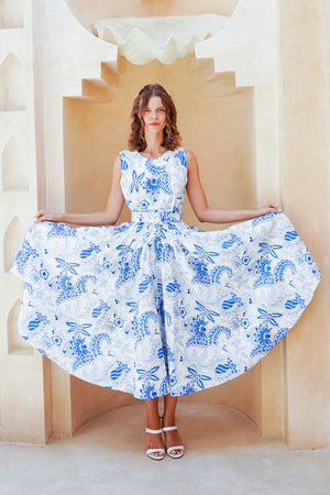 Abelia Dress Crew Neck Sleeveless Midi Length Poliamide Taffta (Botanic Antique Big White)