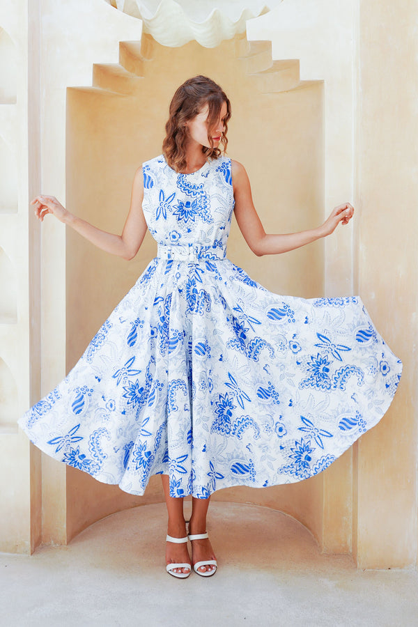 Abelia Dress Crew Neck Sleeveless Midi Length Poliamide Taffta (Botanic Antique Big White)