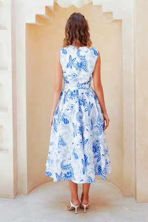 Abelia Dress Crew Neck Sleeveless Midi Length Poliamide Taffta (Botanic Antique Big White)