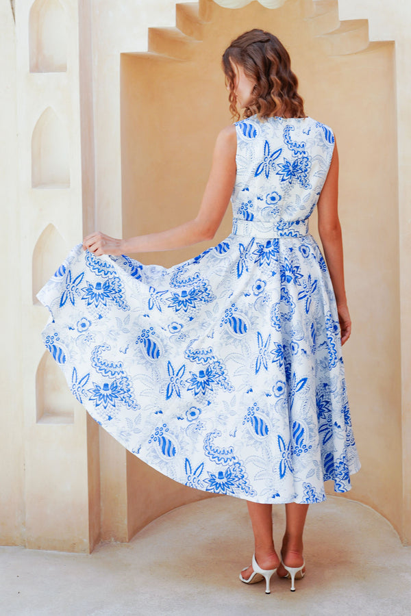 Abelia Dress Crew Neck Sleeveless Midi Length Poliamide Taffta (Botanic Antique Big White)