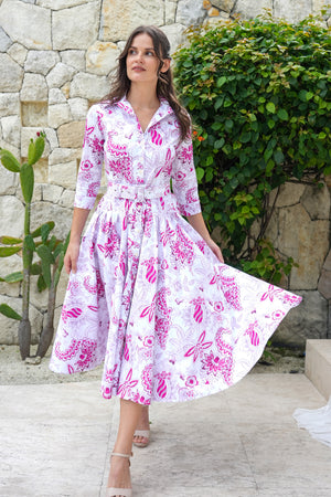 Amber Dress Shirt Collar 3/4 Sleeve Midi Length Cotton Stretch  (Botanic Antique Big White)