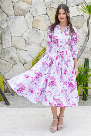Amber Dress Shirt Collar 3/4 Sleeve Midi Length Cotton Stretch  (Botanic Antique Big White)