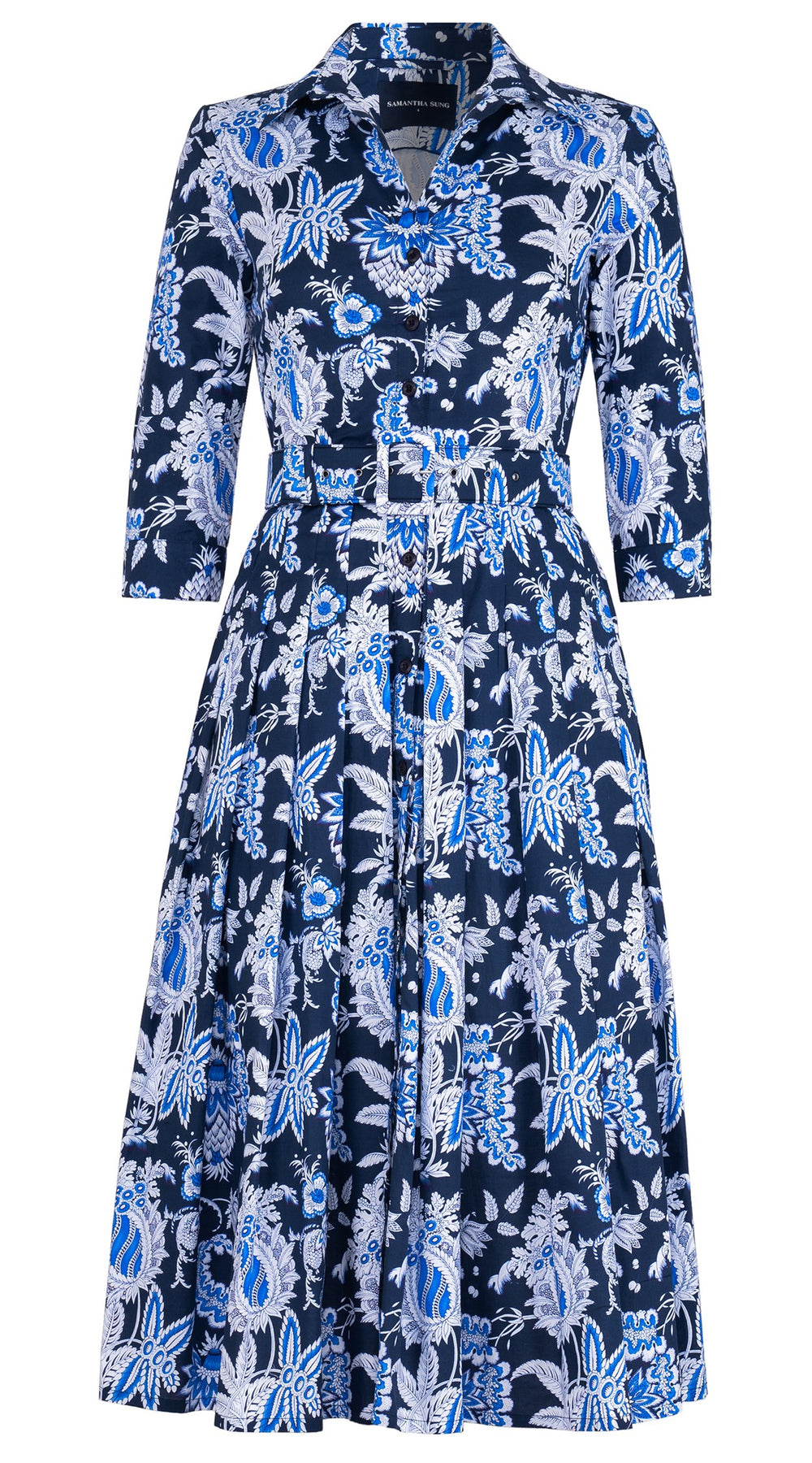 Audrey Dress #2 Shirt Collar 3/4 Sleeve Midi Length Cotton Stretch (Botanic Antique Small Pastel)