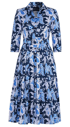 Audrey Dress #2 Shirt Collar 3/4 Sleeve Midi Length Cotton Stretch (Botanic Antique Small Pastel)