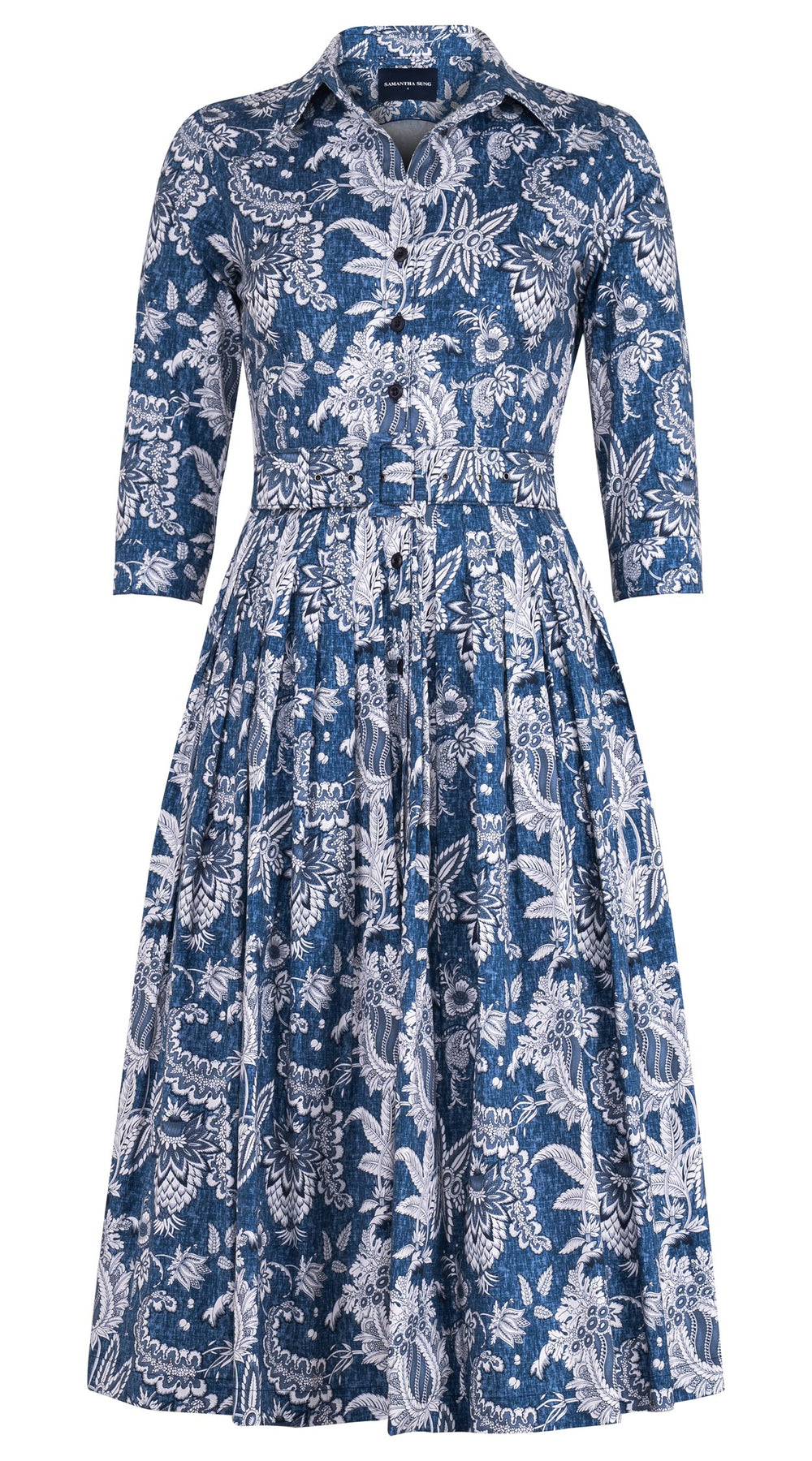 Audrey Dress #2 Shirt Collar 3/4 Sleeve Midi Length Cotton Stretch (Botanic Antique Dark)