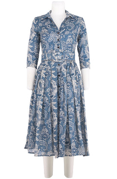 Audrey Dress #4 Shirt Collar 3/4 Sleeve Midi Length Wool (Botanic New Small Dark) - Dusty Blue