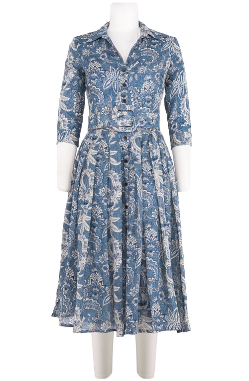 Audrey Dress #4 Shirt Collar 3/4 Sleeve Midi Length Wool (Botanic New Small Dark) - Dusty Blue