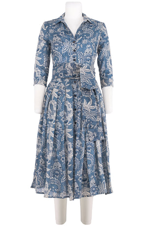 Audrey Dress #4 Shirt Collar 3/4 Sleeve Midi Length Wool (Botanic New Small Dark) - Dusty Blue