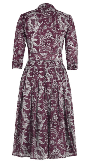 Audrey Dress #4 Shirt Collar 3/4 Sleeve Midi Length Wool Musola (Botanic Antique Dark) - Plum
