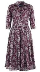 Audrey Dress #4 Shirt Collar 3/4 Sleeve Midi Length Wool Musola (Botanic Antique Dark) - Plum