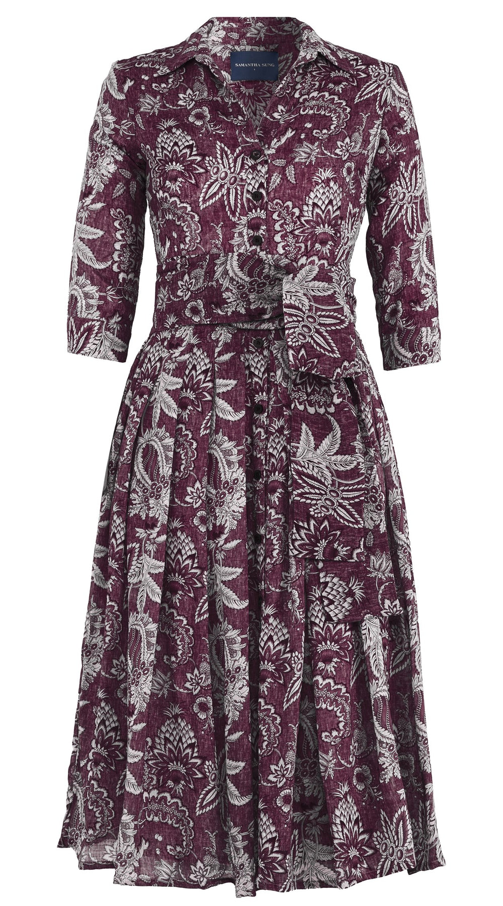 Audrey Dress #4 Shirt Collar 3/4 Sleeve Midi Length Wool (Botanic Antique Dark) - Plum