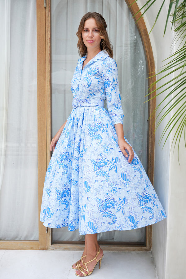 Aster Dress Shirt Collar 3/4 Sleeve Midi Length Cotton Musola (Botanic Antique Small Pastel)