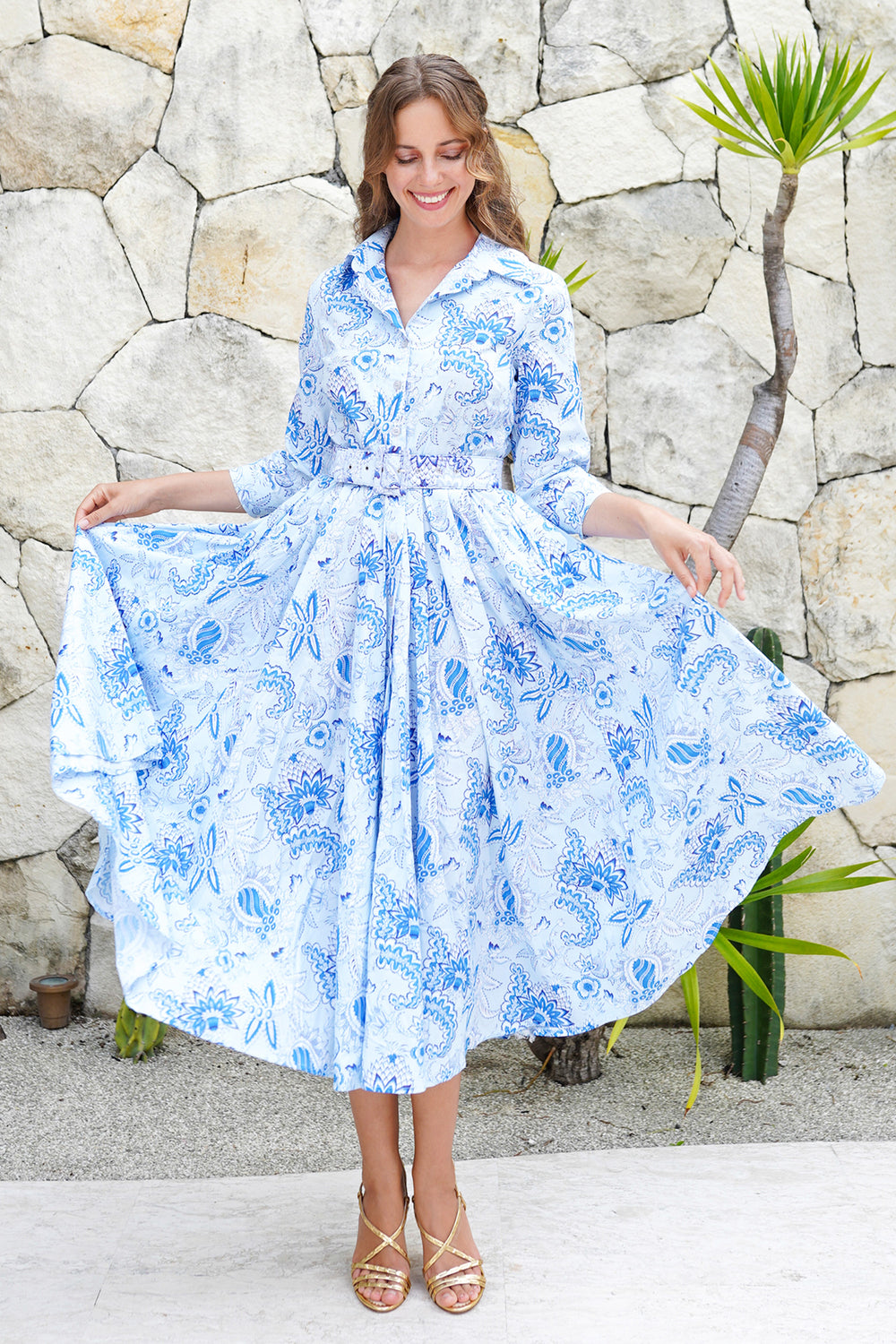 Aster Dress Shirt Collar 3/4 Sleeve Midi Length Cotton Musola (Botanic Antique Small Pastel)