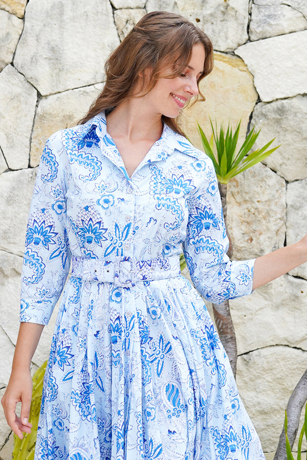Aster Dress Shirt Collar 3/4 Sleeve Midi Length Cotton Musola (Botanic Antique Small Pastel)