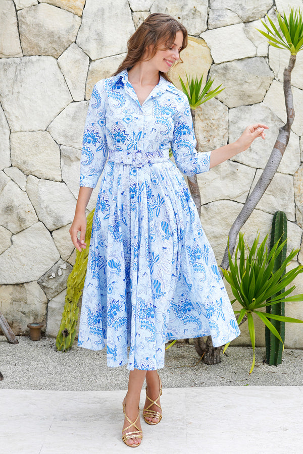 Aster Dress Shirt Collar 3/4 Sleeve Midi Length Cotton Musola (Botanic Antique Small Pastel)