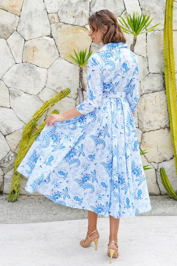 Aster Dress Shirt Collar 3/4 Sleeve Midi Length Cotton Musola (Botanic Antique Small Pastel)