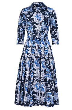 Audrey Dress #2 Shirt Collar 3/4 Sleeve Midi Length Cotton Stretch (Botanic Antique Pastel)